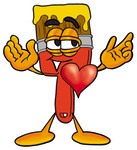 Clip Art Graphic of a Red Paintbrush With Yellow Paint Cartoon Character With His Heart Beating Out of His Chest