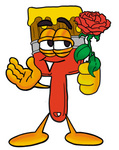 Clip Art Graphic of a Red Paintbrush With Yellow Paint Cartoon Character Holding a Red Rose on Valentines Day