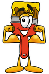 Clip Art Graphic of a Red Paintbrush With Yellow Paint Cartoon Character Flexing His Arm Muscles