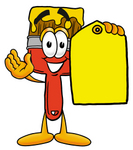 Clip Art Graphic of a Red Paintbrush With Yellow Paint Cartoon Character Holding a Yellow Sales Price Tag