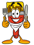 Clip Art Graphic of a Red Paintbrush With Yellow Paint Cartoon Character Holding a Knife and Fork