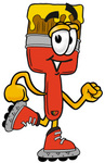 Clip Art Graphic of a Red Paintbrush With Yellow Paint Cartoon Character Roller Blading on Inline Skates