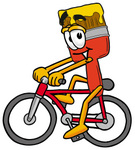 Clip Art Graphic of a Red Paintbrush With Yellow Paint Cartoon Character Riding a Bicycle