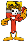Clip Art Graphic of a Red Paintbrush With Yellow Paint Cartoon Character Holding a Telephone