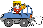 Clip Art Graphic of a Red Paintbrush With Yellow Paint Cartoon Character Driving a Blue Car and Waving