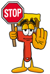Clip Art Graphic of a Red Paintbrush With Yellow Paint Cartoon Character Holding a Stop Sign