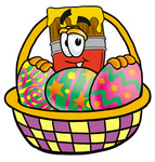 Clip Art Graphic of a Red Paintbrush With Yellow Paint Cartoon Character in an Easter Basket Full of Decorated Easter Eggs