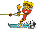 Clip Art Graphic of a Red Paintbrush With Yellow Paint Cartoon Character Waving While Water Skiing