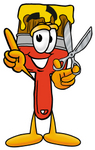 Clip Art Graphic of a Red Paintbrush With Yellow Paint Cartoon Character Holding a Pair of Scissors