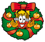 Clip Art Graphic of a Red Paintbrush With Yellow Paint Cartoon Character in the Center of a Christmas Wreath