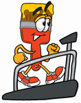 Clip Art Graphic of a Red Paintbrush With Yellow Paint Cartoon Character Walking on a Treadmill in a Fitness Gym