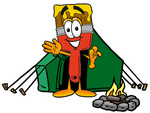 Clip Art Graphic of a Red Paintbrush With Yellow Paint Cartoon Character Camping With a Tent and Fire