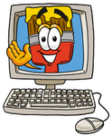 Clip Art Graphic of a Red Paintbrush With Yellow Paint Cartoon Character Waving From Inside a Computer Screen