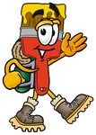 Clip Art Graphic of a Red Paintbrush With Yellow Paint Cartoon Character Hiking and Carrying a Backpack