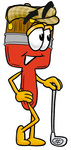 Clip Art Graphic of a Red Paintbrush With Yellow Paint Cartoon Character Leaning on a Golf Club While Golfing
