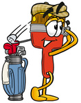 Clip Art Graphic of a Red Paintbrush With Yellow Paint Cartoon Character Swinging His Golf Club While Golfing