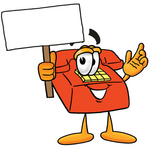 Clip Art Graphic of a Red Landline Telephone Cartoon Character Holding a Blank Sign