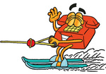 Clip Art Graphic of a Red Landline Telephone Cartoon Character Waving While Water Skiing