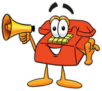 Clip Art Graphic of a Red Landline Telephone Cartoon Character Holding a Megaphone