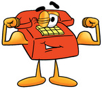 Clip Art Graphic of a Red Landline Telephone Cartoon Character Flexing His Arm Muscles