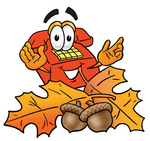 Clip Art Graphic of a Red Landline Telephone Cartoon Character With Autumn Leaves and Acorns in the Fall