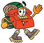 Clip Art Graphic of a Red Landline Telephone Cartoon Character Hiking and Carrying a Backpack
