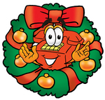 Clip Art Graphic of a Red Landline Telephone Cartoon Character in the Center of a Christmas Wreath