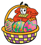 Clip Art Graphic of a Red Landline Telephone Cartoon Character in an Easter Basket Full of Decorated Easter Eggs