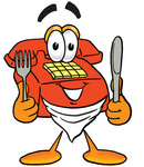 Clip Art Graphic of a Red Landline Telephone Cartoon Character Holding a Knife and Fork