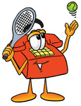 Clip Art Graphic of a Red Landline Telephone Cartoon Character Preparing to Hit a Tennis Ball
