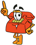 Clip Art Graphic of a Red Landline Telephone Cartoon Character Pointing Upwards
