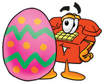 Clip Art Graphic of a Red Landline Telephone Cartoon Character Standing Beside an Easter Egg