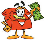 Clip Art Graphic of a Red Landline Telephone Cartoon Character Holding a Dollar Bill