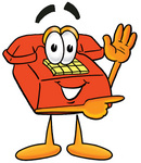 Clip Art Graphic of a Red Landline Telephone Cartoon Character Waving and Pointing