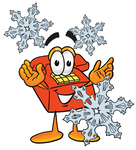 Clip Art Graphic of a Red Landline Telephone Cartoon Character With Three Snowflakes in Winter