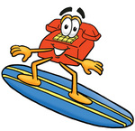 Clip Art Graphic of a Red Landline Telephone Cartoon Character Surfing on a Blue and Yellow Surfboard