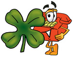 Clip Art Graphic of a Red Landline Telephone Cartoon Character With a Green Four Leaf Clover on St Paddy’s or St Patricks Day