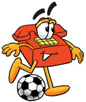 Clip Art Graphic of a Red Landline Telephone Cartoon Character Kicking a Soccer Ball