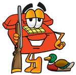 Clip Art Graphic of a Red Landline Telephone Cartoon Character Duck Hunting, Standing With a Rifle and Duck