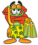 Clip Art Graphic of a Red Landline Telephone Cartoon Character in Green and Yellow Snorkel Gear