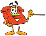 Clip Art Graphic of a Red Landline Telephone Cartoon Character Holding a Pointer Stick