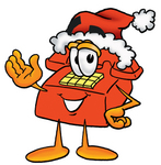 Clip Art Graphic of a Red Landline Telephone Cartoon Character Wearing a Santa Hat and Waving
