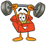 Clip Art Graphic of a Red Landline Telephone Cartoon Character Holding a Heavy Barbell Above His Head