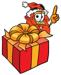 Clip Art Graphic of a Red Landline Telephone Cartoon Character Standing by a Christmas Present