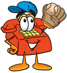 Clip Art Graphic of a Red Landline Telephone Cartoon Character Catching a Baseball With a Glove