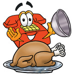 Clip Art Graphic of a Red Landline Telephone Cartoon Character Serving a Thanksgiving Turkey on a Platter