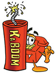 Clip Art Graphic of a Red Landline Telephone Cartoon Character Standing With a Lit Stick of Dynamite