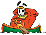 Clip Art Graphic of a Red Landline Telephone Cartoon Character Rowing a Boat