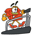 Clip Art Graphic of a Red Landline Telephone Cartoon Character Walking on a Treadmill in a Fitness Gym