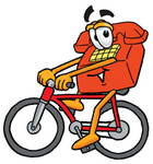 Clip Art Graphic of a Red Landline Telephone Cartoon Character Riding a Bicycle